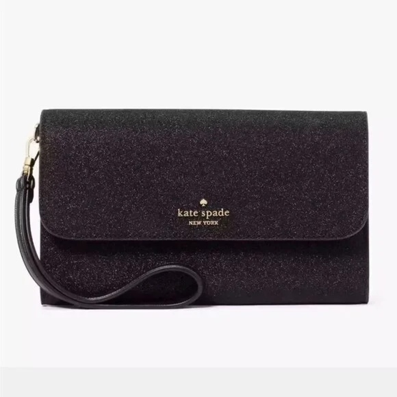 NWT Kate Spade Boxed Medium Flap Phone Wristlet Wallet Glitter Black - Picture 1 of 7